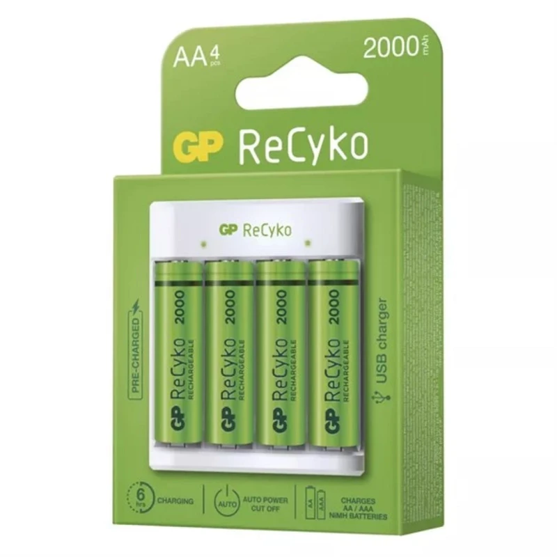 Cargador de pilas Recyko + 4 pilas recargables AA. Tienda de pilas y  cargadores de pilas recargables.